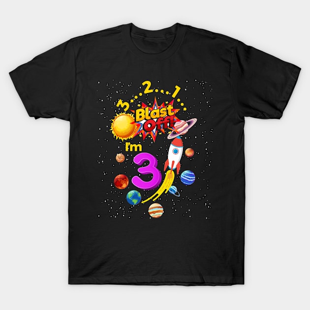 Third Birthday Blast Off 3 Astronaut Rocket T-Shirt by Print-Dinner